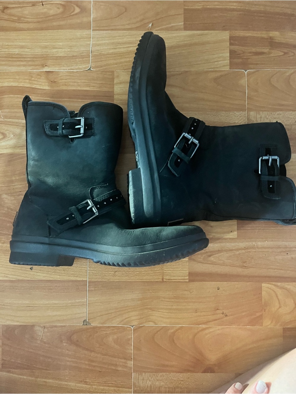 UGG Women's Black Jenise Waterproof Leather Moto Boots Rare Find Insulated Wool